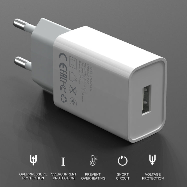 IVON AD-33 2-in-1 2.1A 싱글 USB 포트 여행용 충전기 + 1m USB to 8핀 데이터 케이블 세트, EU 플러그, US 플러그