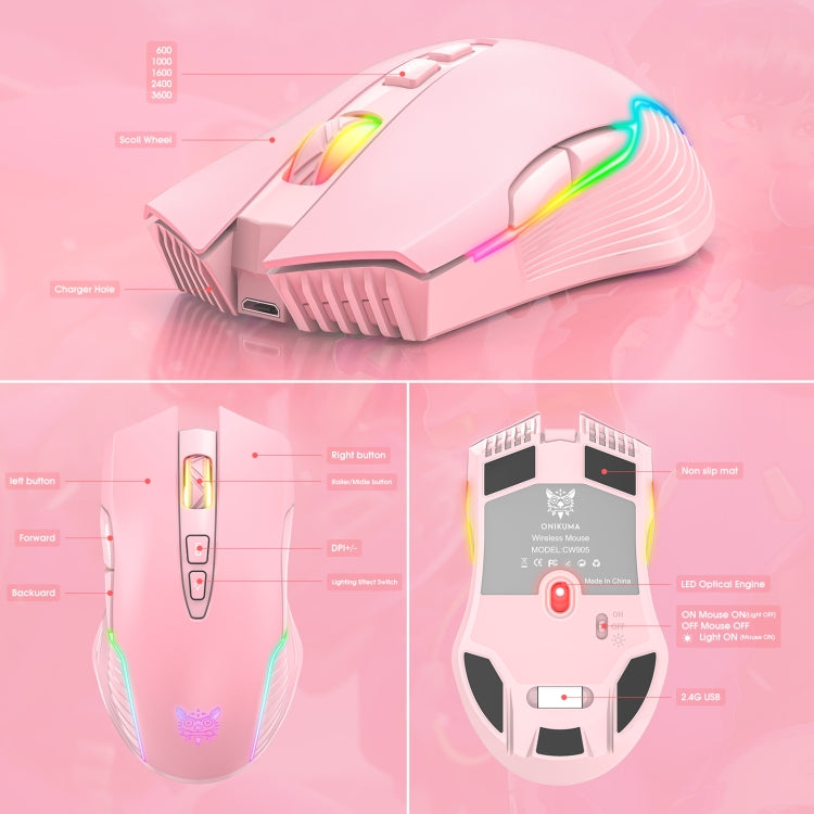 ONIKUMA CW905 2.4G RGB 조명 무선 마우스, CW905 무선 마우스(검정), CW905 무선 마우스(분홍), CW905 무선 마우스(회백)