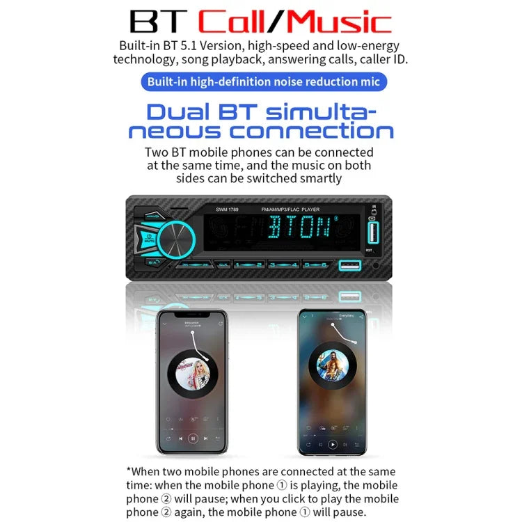 SWM-1789 자동차 라디오 수신기 블루투스 5.1 MP3 플레이어 리모컨 포함, SWM-1789