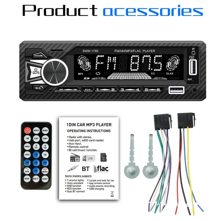 SWM-1789 자동차 라디오 수신기 블루투스 5.1 MP3 플레이어 리모컨 포함, SWM-1789