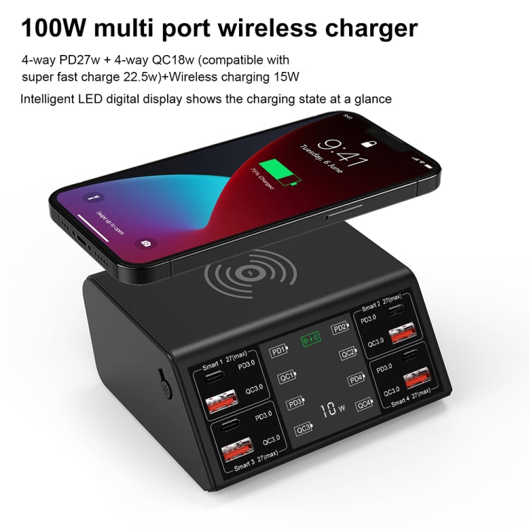 838w 9 in 1 100W 4 PD 3.0 USB-C / Type-C + 4 QC 3.0 USB 포트 스마트 디지털 디스플레이 무선 충전기, EU 플러그, US 플러그, UK 플러그, AU 플러그