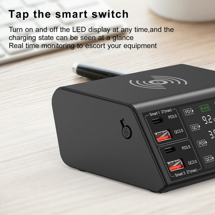 838w 9 in 1 100W 4 PD 3.0 USB-C / Type-C + 4 QC 3.0 USB 포트 스마트 디지털 디스플레이 무선 충전기, EU 플러그, US 플러그, UK 플러그, AU 플러그