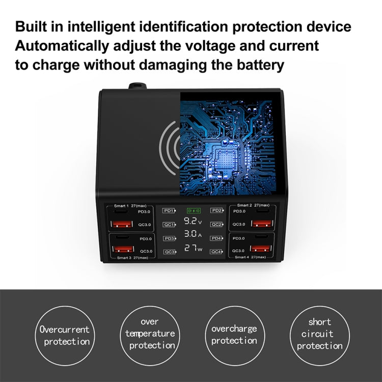 838w 9 in 1 100W 4 PD 3.0 USB-C / Type-C + 4 QC 3.0 USB 포트 스마트 디지털 디스플레이 무선 충전기, EU 플러그, US 플러그, UK 플러그, AU 플러그