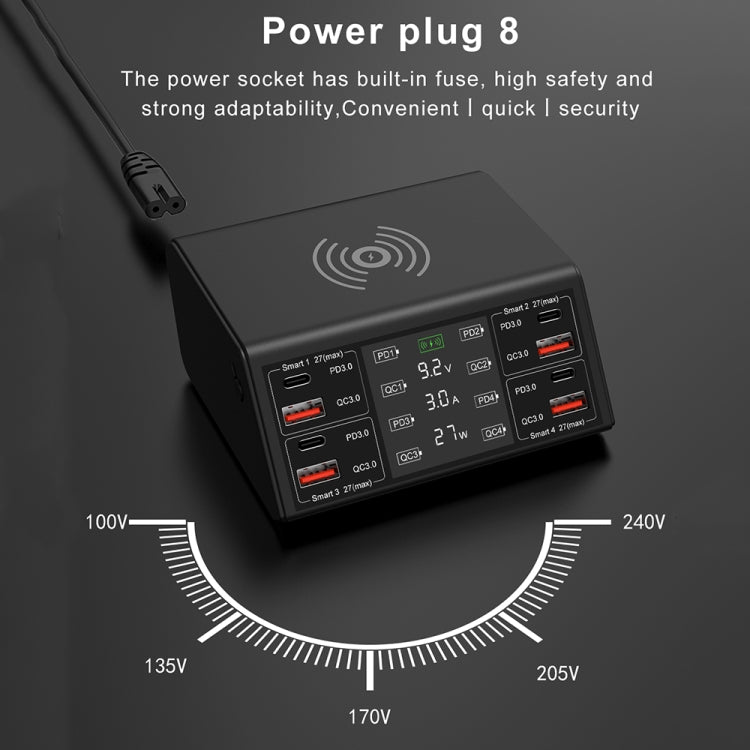 838w 9 in 1 100W 4 PD 3.0 USB-C / Type-C + 4 QC 3.0 USB 포트 스마트 디지털 디스플레이 무선 충전기, EU 플러그, US 플러그, UK 플러그, AU 플러그