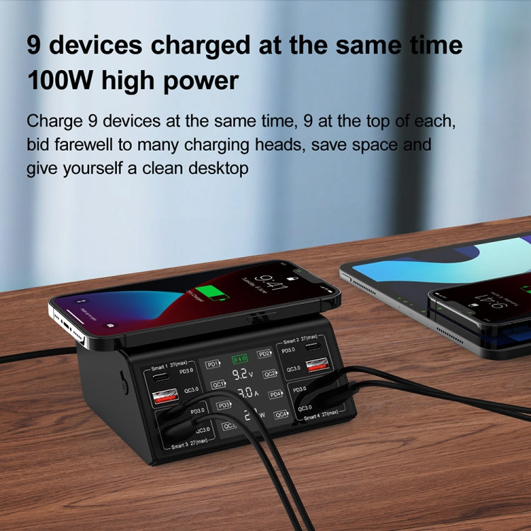 838w 9 in 1 100W 4 PD 3.0 USB-C / Type-C + 4 QC 3.0 USB 포트 스마트 디지털 디스플레이 무선 충전기, EU 플러그, US 플러그, UK 플러그, AU 플러그