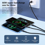 6A 66W 3-in-1 USB to 8핀 + 마이크로 USB + USB-C / Type-C 고속 충전 직조 데이터 케이블, USB to 8핀+마이크로 USB+Type-C