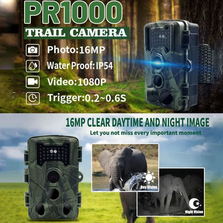 PR1000 2인치 LCD 화면 적외선 야간 투시 모션 야생동물 사냥 트레일 카메라, PR1000