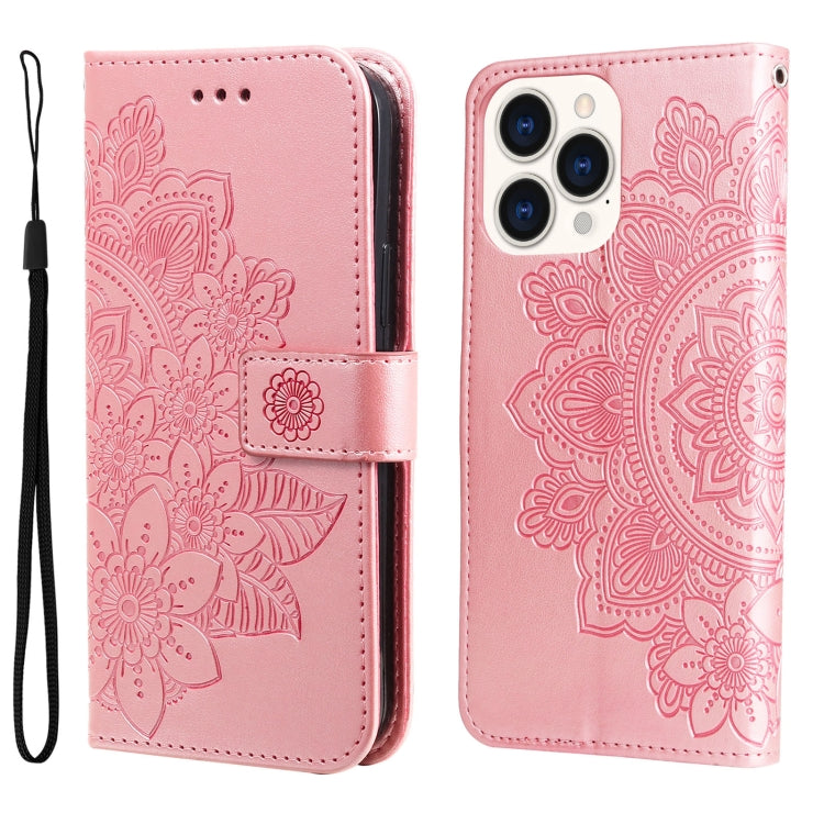 7-petal Flowers Embossing Leather Case, For iPhone 14, For iPhone 14 Plus, For iPhone 14 Pro, For iPhone 14 Pro Max