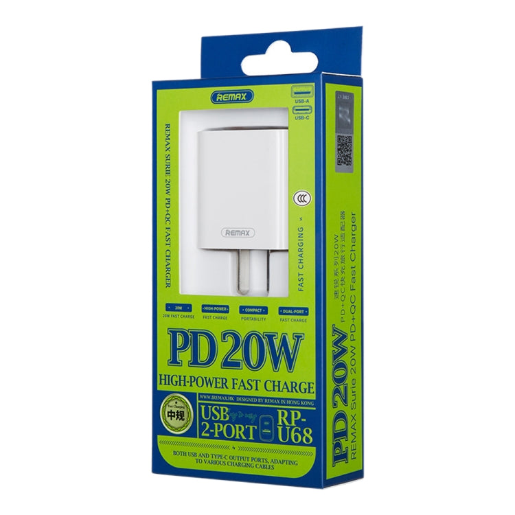 REMAX RP-U68 스피디 시리즈 20W USB+USB-C/타입-C 인터페이스 고속 충전기, CN 플러그, EU 플러그, UK 플러그, US 플러그