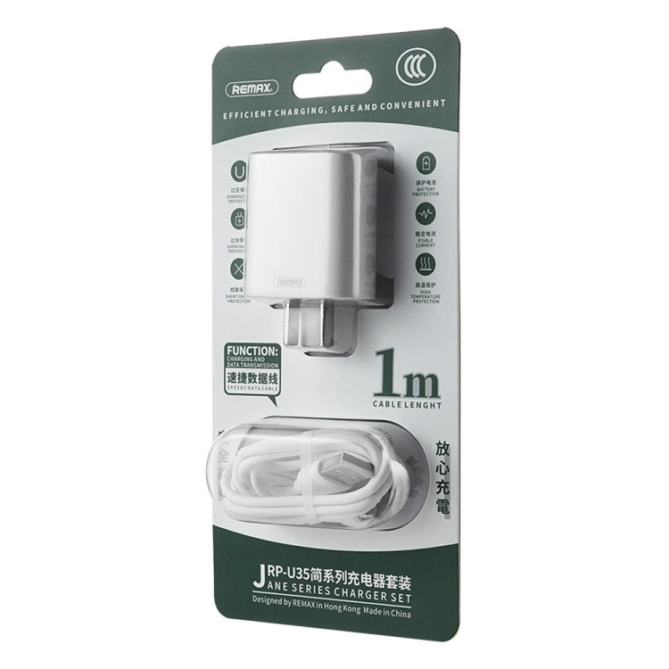 REMAX RP-U35 제인 시리즈 2.1A 듀얼 USB 포트 고속 충전기 세트, 8핀, 마이크로 USB, USB-C/Type-C