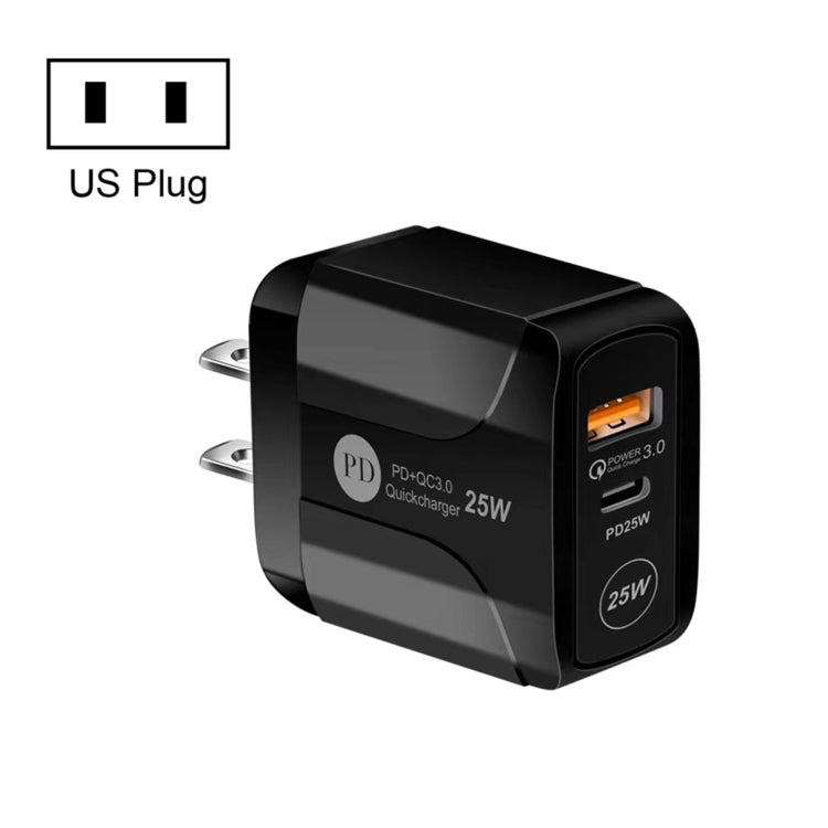 25W PD 타입-C + QC3.0 USB 포트 여행용 충전기, US 플러그, EU 플러그
