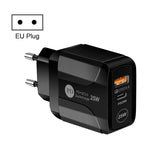 25W PD Type-C + QC3.0 USB Ports Travel Charger, US Plug, EU Plug