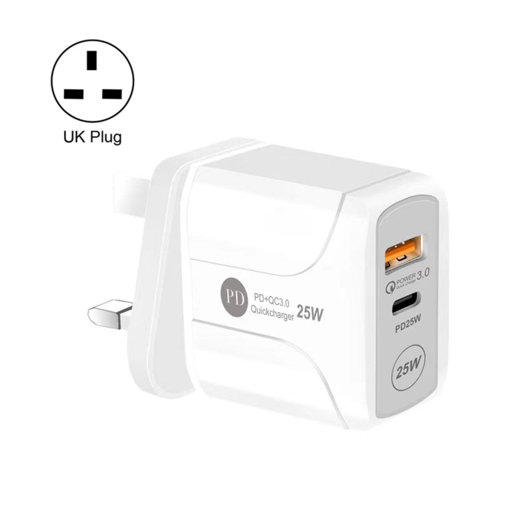 25W PD 타입-C + QC3.0 USB 포트 여행용 충전기, 영국 플러그