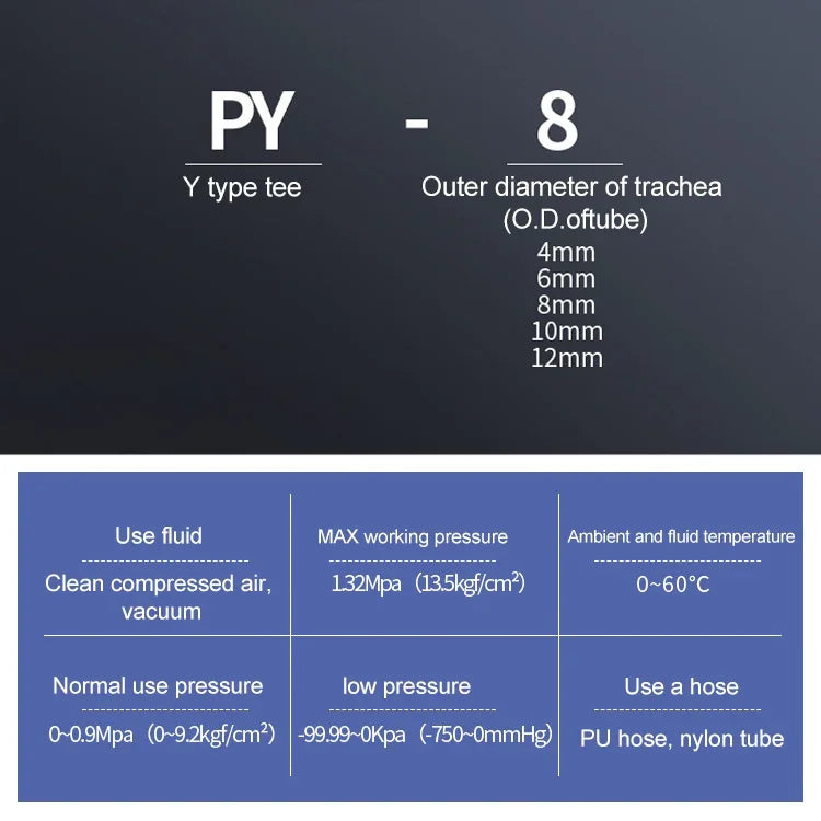 PY-14 LAIZE 2개입 플라스틱 Y형 티 감속 공압 퀵 피팅 커넥터, PY-4 (10개), PY-6 (10개), PY-8 (10개), PY-10 (10개), PY-12 (10개), PY-14 (2개), PY-16 (2개)