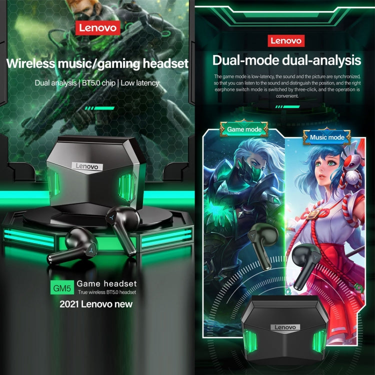 Lenovo GM5 TWS 블루투스 무선 스포츠 방수 노이즈 감소 게이밍 이어폰 마이크 포함, GM5