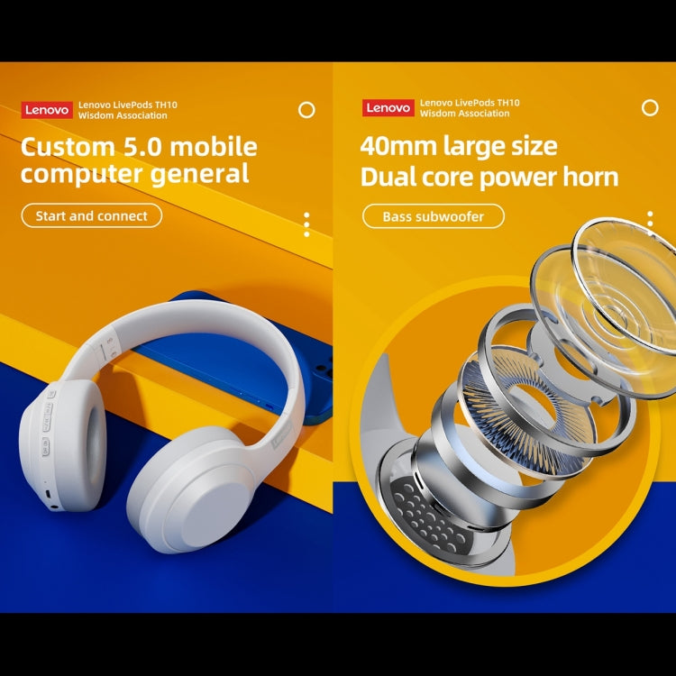 Lenovo TH10 무선 블루투스 게이밍 베이스 음악 스포츠 노이즈 캔슬링 헤드폰, TH10 화이트, TH10 블랙