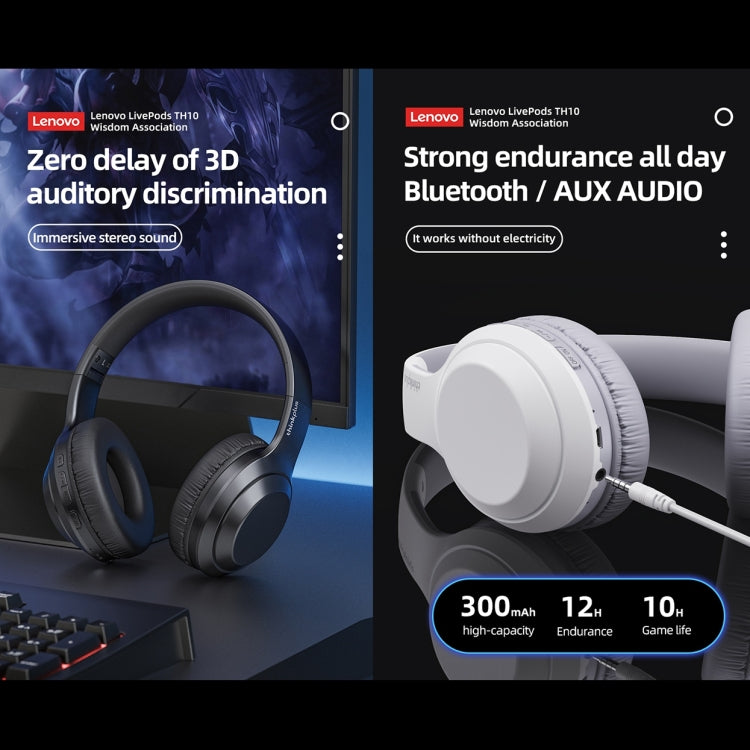 Lenovo TH10 무선 블루투스 게이밍 베이스 음악 스포츠 노이즈 캔슬링 헤드폰, TH10 화이트, TH10 블랙