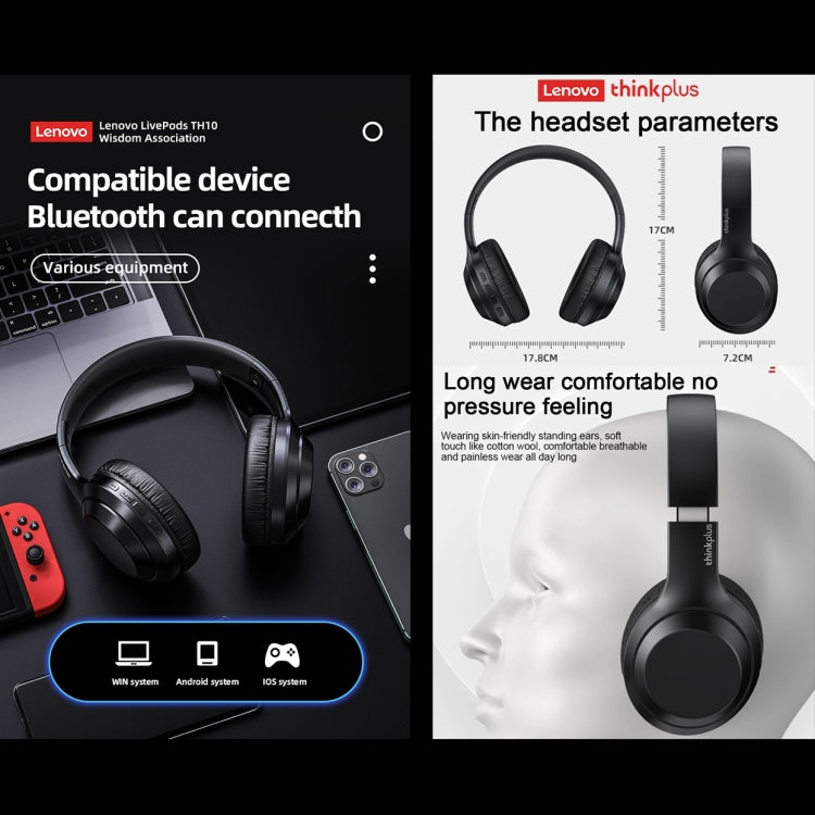Lenovo TH10 무선 블루투스 게이밍 베이스 음악 스포츠 노이즈 캔슬링 헤드폰, TH10 화이트, TH10 블랙
