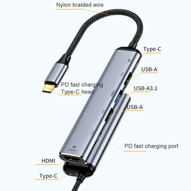 Y004 6 in 1 USB-C/Type-C to HDMI+USB 3.1+듀얼 USB 2.0+듀얼 USB-C/Type-C 인터페이스 다기능 어댑터, Y004