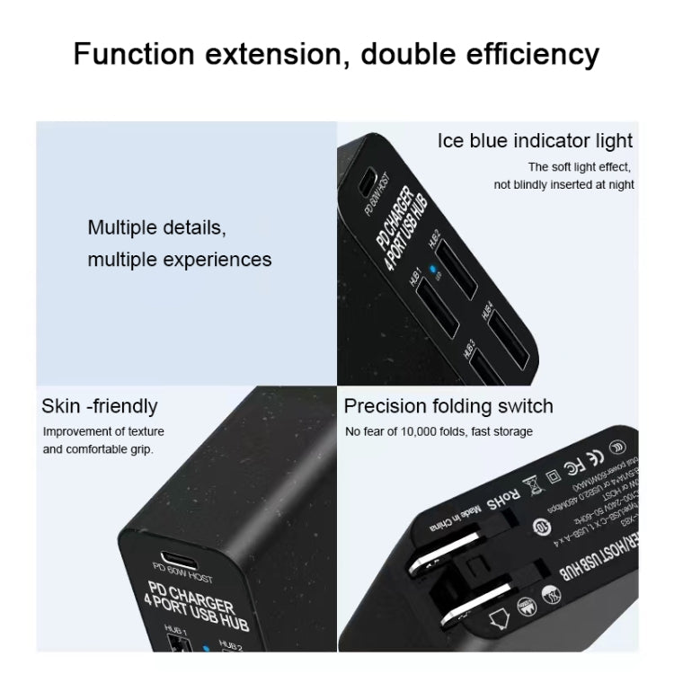 X83 65W 출력 USB-C / 타입-C + 4포트 USB 허브 PD 충전기, 미국 플러그, X83