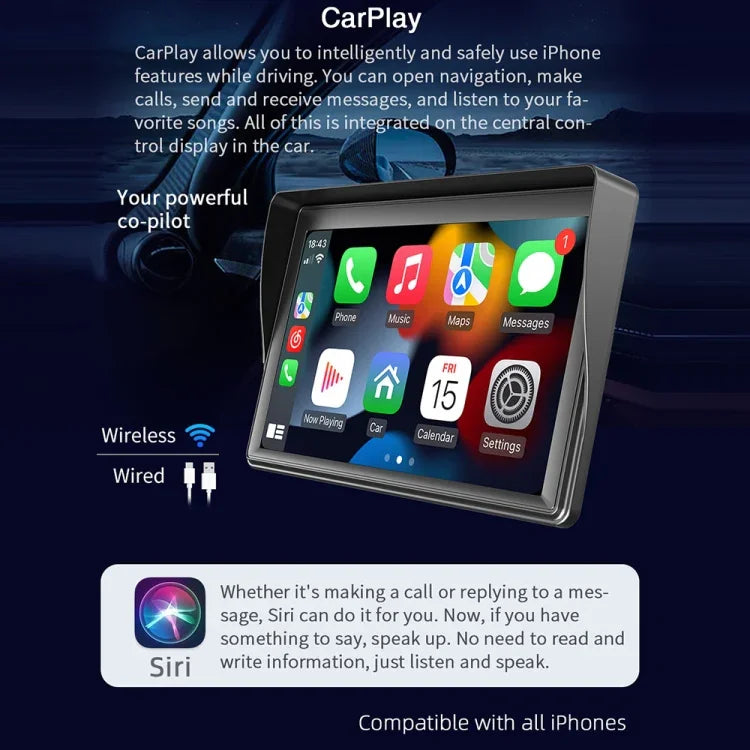 7인치 무선 CarPlay 라디오 멀티미디어 플레이어 1080P IPS 터치 스크린 MP5 라디오 블루투스 모니터, B600W