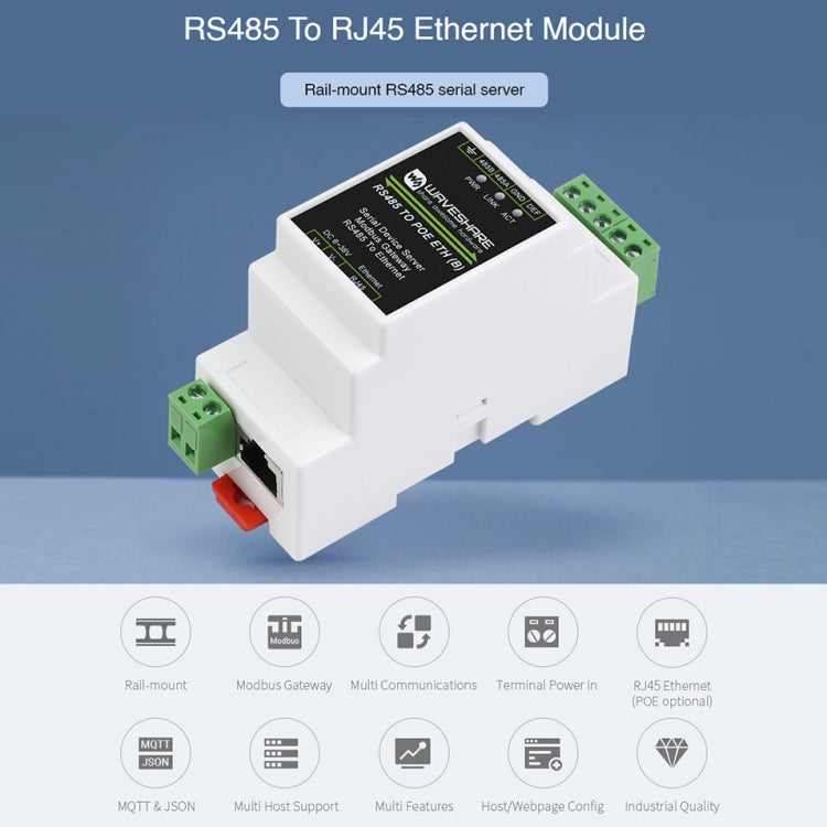 Waveshare DIN 레일 RS485 to RJ45 시리얼 서버 POE 기능 포함, 23273
