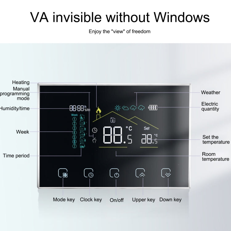 BHT-8000RF-VA- GBCW 무선 스마트 LED 스크린 온도조절기 WiFi 포함, 사양: 전기 / 보일러 난방, 전기 난방, 전기 보일러 난방, 보일러 난방, 온수 난방, 수력 전기 난방, 온수 보일러 난방