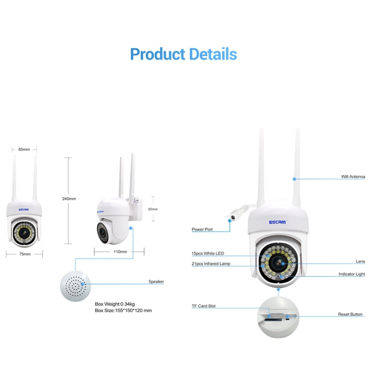 ESCAM PVR007 3MP 스마트 HD WiFi 카메라 풀 컬러 야간 투시 / 모션 감지 / 사운드 알람 / TF 카드 지원, PVR007