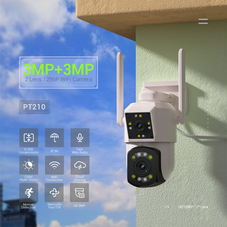ESCAM PT210 2x3MP 듀얼 렌즈 듀얼 스크린 모니터 WiFi 카메라, 양방향 음성 및 모션 감지 및 클라우드 저장 지원, PT210