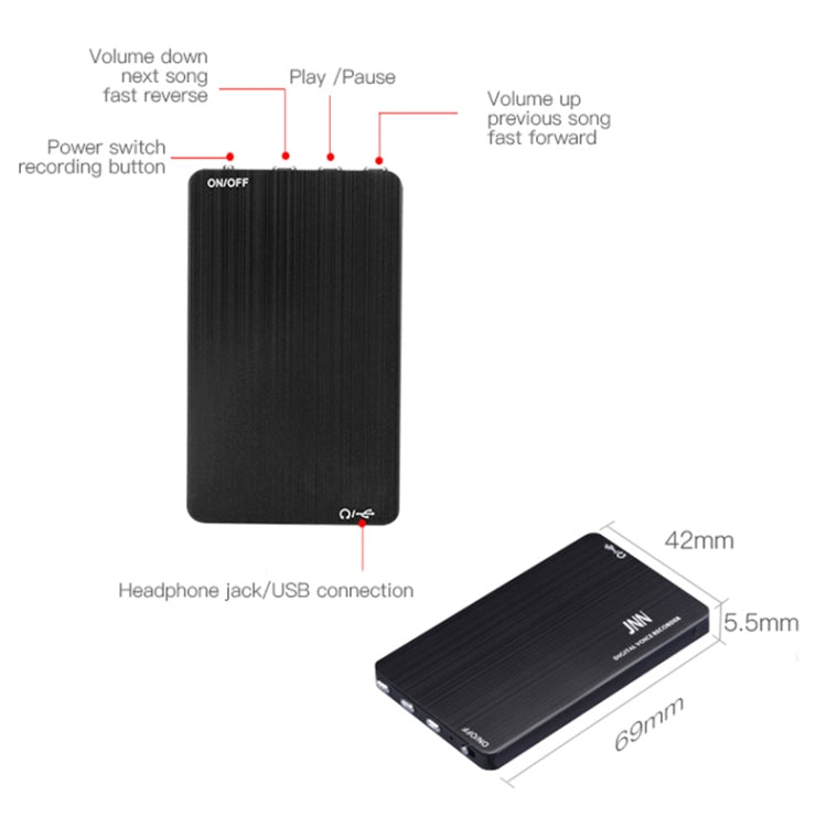 JNN M2 초슬림 HD 노이즈 감소 지능형 제어 음성 녹음기, 4GB, 8GB, 16GB, 32GB, 64GB