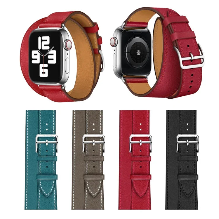 Leather Double Loop Replacement Strap Watchband, For Apple Watch Series 7 41mm / 6 & SE & 5 & 4 40mm / 3 & 2 & 1 38mm, For Apple Watch Series 7 45mm / 6 & SE & 5 & 4 44mm / 3 & 2 & 1 42mm