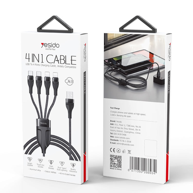 YESIDO CA111 1.2m 4A USB to 듀얼 Type-C + 듀얼 8핀 충전 케이블, CA111