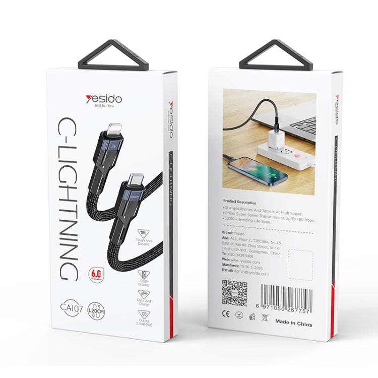 YESIDO CA107 1.2m 2.4A USB-C / Type-C to 8 Pin OD0.6 Charging Data Cable, CA107