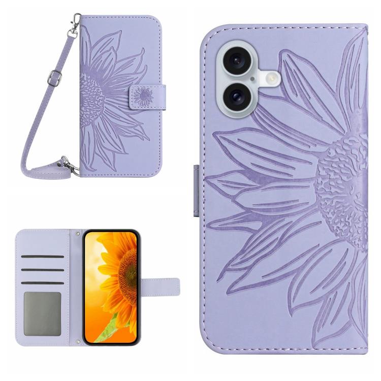 Skin Feel Sun Flower Embossed Flip Leather Phone Case with Lanyard, For iPhone 17e / 16e, For iPhone 17 Pro Max, For iPhone 17 Pro, For iPhone 17