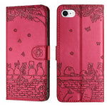 고양이 엠보싱 패턴 가죽 휴대폰 케이스와 스트랩, iPhone 16e / 17e용, iPhone 17 Pro Max용, iPhone 17 Pro용, iPhone 17용, iPhone Air용, iPhone 16 Pro Max용, iPhone 16 Pro용, iPhone 16 Plus용, iPhone 16용