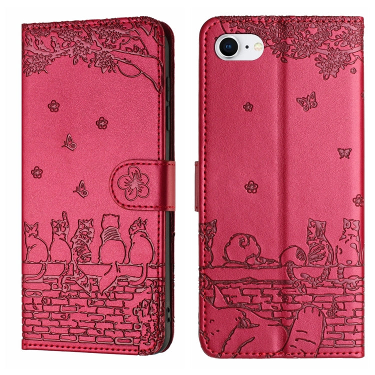 고양이 엠보싱 패턴 가죽 휴대폰 케이스와 스트랩, iPhone 16e / 17e용, iPhone 17 Pro Max용, iPhone 17 Pro용, iPhone 17용, iPhone Air용, iPhone 16 Pro Max용, iPhone 16 Pro용, iPhone 16 Plus용, iPhone 16용