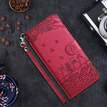 고양이 엠보싱 패턴 가죽 휴대폰 케이스와 스트랩, iPhone 16e / 17e용, iPhone 17 Pro Max용, iPhone 17 Pro용, iPhone 17용, iPhone Air용, iPhone 16 Pro Max용, iPhone 16 Pro용, iPhone 16 Plus용, iPhone 16용