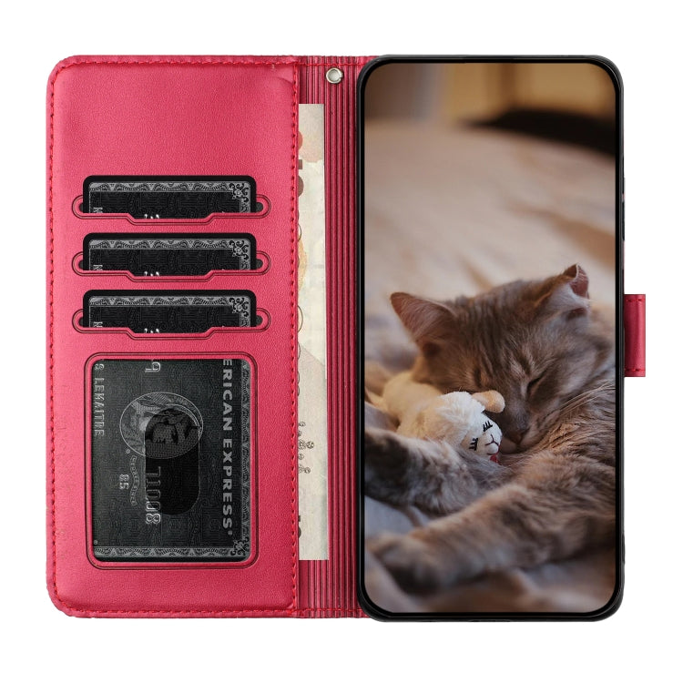 고양이 엠보싱 패턴 가죽 휴대폰 케이스와 스트랩, iPhone 16e / 17e용, iPhone 17 Pro Max용, iPhone 17 Pro용, iPhone 17용, iPhone Air용, iPhone 16 Pro Max용, iPhone 16 Pro용, iPhone 16 Plus용, iPhone 16용