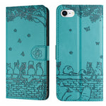 고양이 엠보싱 패턴 가죽 휴대폰 케이스와 스트랩, iPhone 16e / 17e용, iPhone 17 Pro Max용, iPhone 17 Pro용, iPhone 17용, iPhone Air용, iPhone 16 Pro Max용, iPhone 16 Pro용, iPhone 16 Plus용, iPhone 16용