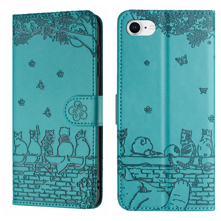 고양이 엠보싱 패턴 가죽 휴대폰 케이스와 스트랩, iPhone 16e / 17e용, iPhone 17 Pro Max용, iPhone 17 Pro용, iPhone 17용, iPhone Air용, iPhone 16 Pro Max용, iPhone 16 Pro용, iPhone 16 Plus용, iPhone 16용