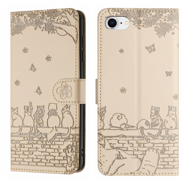 고양이 엠보싱 패턴 가죽 휴대폰 케이스와 스트랩, iPhone 16e / 17e용, iPhone 17 Pro Max용, iPhone 17 Pro용, iPhone 17용, iPhone Air용, iPhone 16 Pro Max용, iPhone 16 Pro용, iPhone 16 Plus용, iPhone 16용