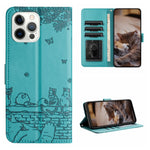 고양이 엠보싱 패턴 가죽 휴대폰 케이스와 스트랩, iPhone 16e / 17e용, iPhone 17 Pro Max용, iPhone 17 Pro용, iPhone 17용, iPhone Air용, iPhone 16 Pro Max용, iPhone 16 Pro용, iPhone 16 Plus용, iPhone 16용