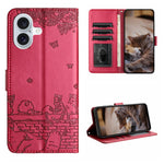 고양이 엠보싱 패턴 가죽 휴대폰 케이스와 스트랩, iPhone 16e / 17e용, iPhone 17 Pro Max용, iPhone 17 Pro용, iPhone 17용, iPhone Air용, iPhone 16 Pro Max용, iPhone 16 Pro용, iPhone 16 Plus용, iPhone 16용