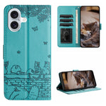 고양이 엠보싱 패턴 가죽 휴대폰 케이스와 스트랩, iPhone 16e / 17e용, iPhone 17 Pro Max용, iPhone 17 Pro용, iPhone 17용, iPhone Air용, iPhone 16 Pro Max용, iPhone 16 Pro용, iPhone 16 Plus용, iPhone 16용
