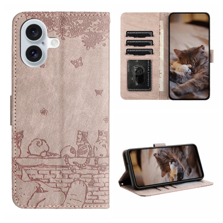 고양이 엠보싱 패턴 가죽 휴대폰 케이스와 스트랩, iPhone 16e / 17e용, iPhone 17 Pro Max용, iPhone 17 Pro용, iPhone 17용, iPhone Air용, iPhone 16 Pro Max용, iPhone 16 Pro용, iPhone 16 Plus용, iPhone 16용
