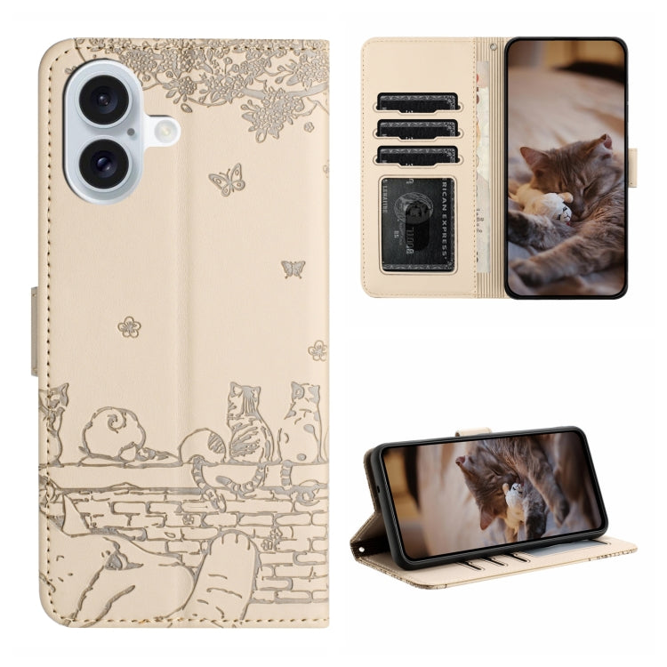 고양이 엠보싱 패턴 가죽 휴대폰 케이스와 스트랩, iPhone 16e / 17e용, iPhone 17 Pro Max용, iPhone 17 Pro용, iPhone 17용, iPhone Air용, iPhone 16 Pro Max용, iPhone 16 Pro용, iPhone 16 Plus용, iPhone 16용