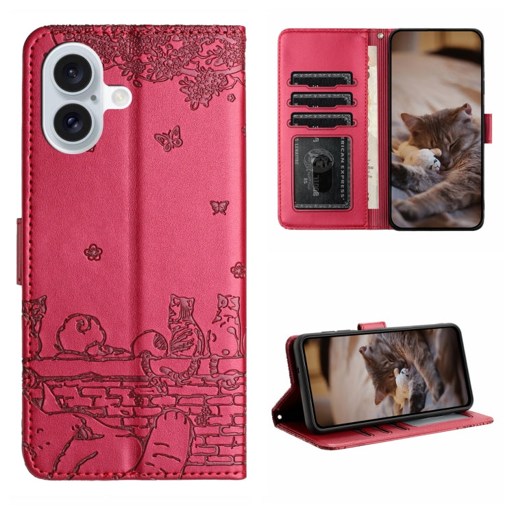 고양이 엠보싱 패턴 가죽 휴대폰 케이스와 스트랩, iPhone 16e / 17e용, iPhone 17 Pro Max용, iPhone 17 Pro용, iPhone 17용, iPhone Air용, iPhone 16 Pro Max용, iPhone 16 Pro용, iPhone 16 Plus용, iPhone 16용