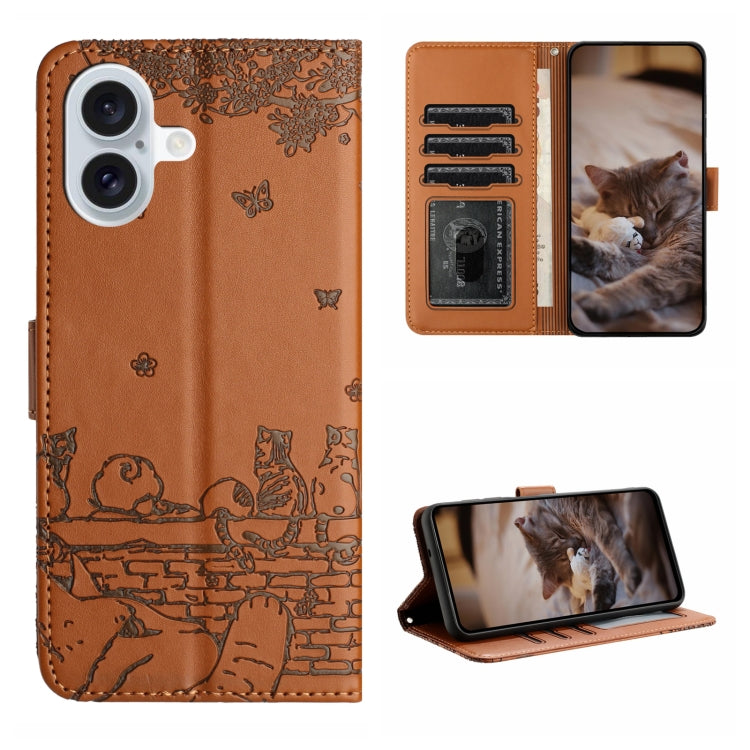고양이 엠보싱 패턴 가죽 휴대폰 케이스와 스트랩, iPhone 16e / 17e용, iPhone 17 Pro Max용, iPhone 17 Pro용, iPhone 17용, iPhone Air용, iPhone 16 Pro Max용, iPhone 16 Pro용, iPhone 16 Plus용, iPhone 16용