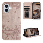 고양이 엠보싱 패턴 가죽 휴대폰 케이스와 스트랩, iPhone 16e / 17e용, iPhone 17 Pro Max용, iPhone 17 Pro용, iPhone 17용, iPhone Air용, iPhone 16 Pro Max용, iPhone 16 Pro용, iPhone 16 Plus용, iPhone 16용