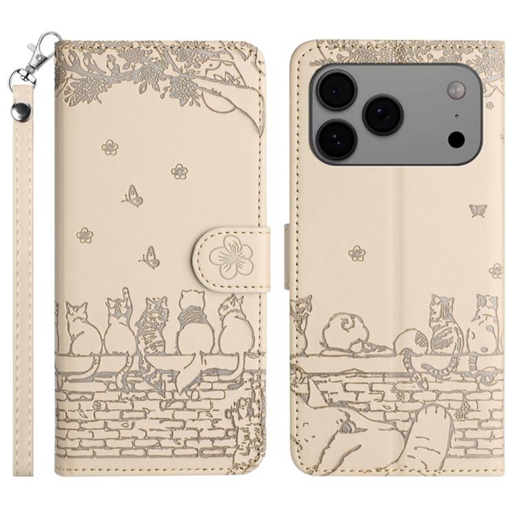 고양이 엠보싱 패턴 가죽 휴대폰 케이스와 스트랩, iPhone 16e / 17e용, iPhone 17 Pro Max용, iPhone 17 Pro용, iPhone 17용, iPhone Air용, iPhone 16 Pro Max용, iPhone 16 Pro용, iPhone 16 Plus용, iPhone 16용